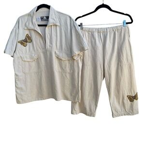 California Drawstrings Vintage 90s Boho Cotton Butterfly Embroidered Shirt Pants